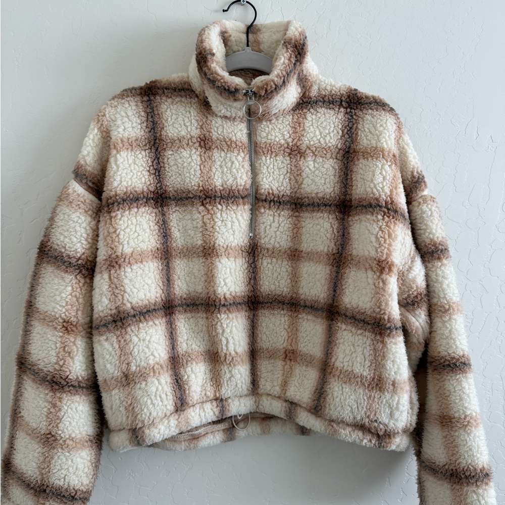 Hollister Cream and Brown Plaid Teddy Jacket